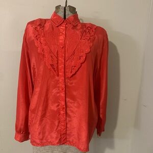 Vintage Red Lace-Trim Satin Button-Up Women’s Top